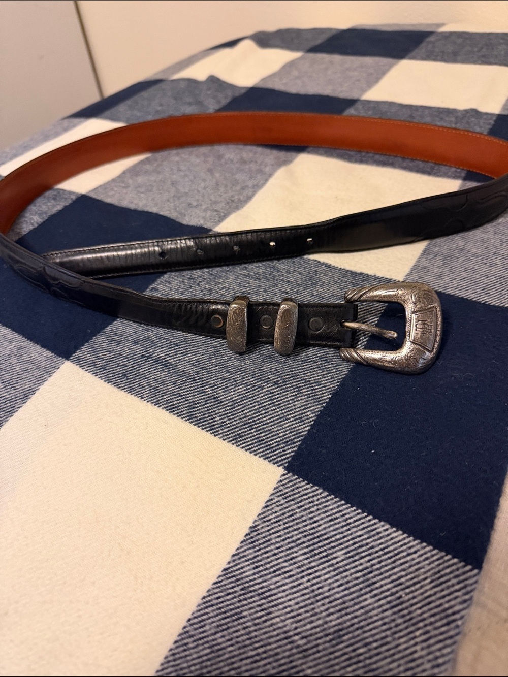Lucchese Black Leather Men's Belt with Brown Interior and Engraved Silver Buckle